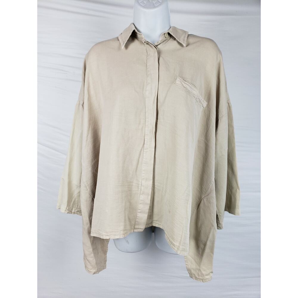 Luukaa Tan Collared Long Sleeve Button Up Asymmetrical Shirt w/Pocket